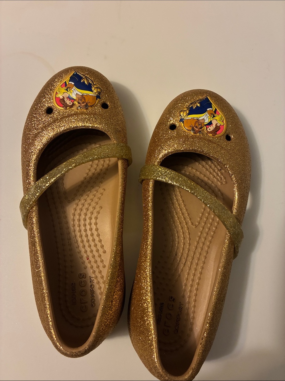 Crocs Girls Glitter Gold Slip-On Mary Jane Shoes with Princess Accent size 12